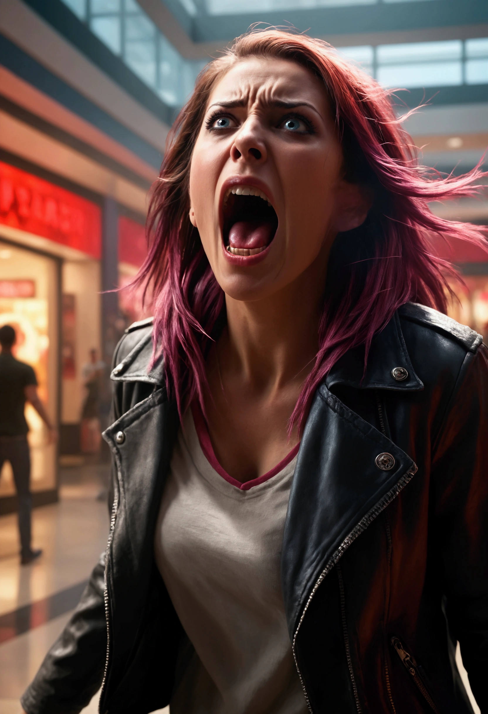a woman screaming in terror, liquid metal coalescing into a bloodthirsty demon, busy shopping mall, hyper realistic, cinematic lighting, dramatic shadows, volumetric fog, vibrant colors, unreal engine, photorealistic, detailed facial features, expressive eyes, highly detailed, 8k, masterpiece, cinematic composition, dramatic atmosphere, intense contrast, moody lighting