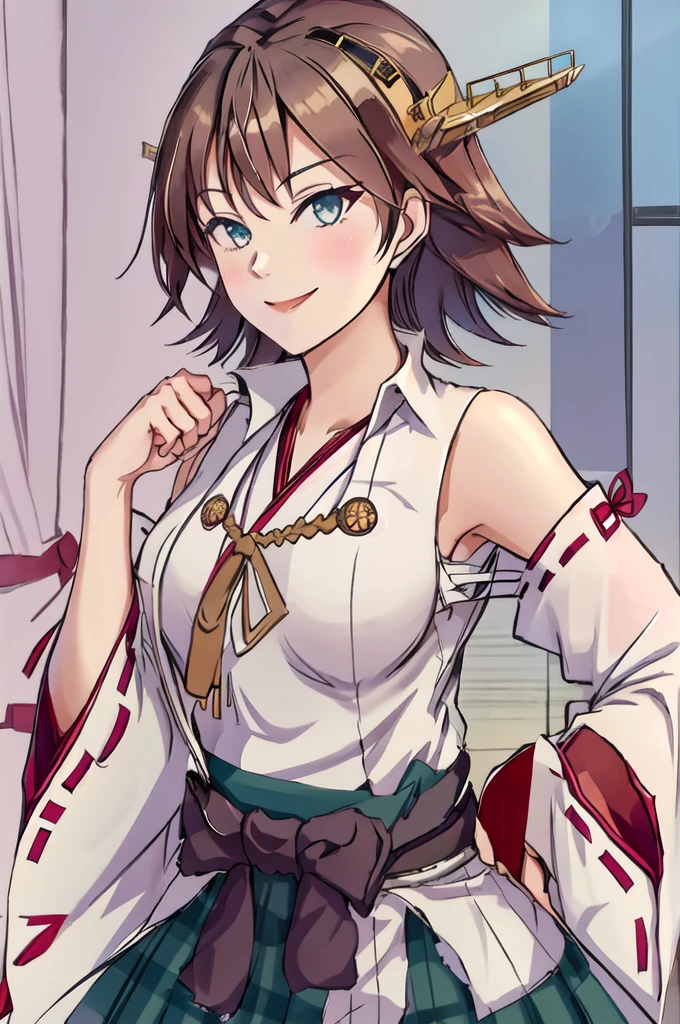 Highest quality, masterpiece, High resolution, alone, {Mount Hiei_Fleet Collection:1.15}, オレンジ色hair, hairband, headgear, Non-traditional_Shrine maiden, smile, green_eye, Inverted up_hair, smile, One Girl, dependent_sleeve, green_skirt, Plaid, Plaid_skirt, ribbon-trimmed_sleeve, ribbon_trim, skirt, Office Background,