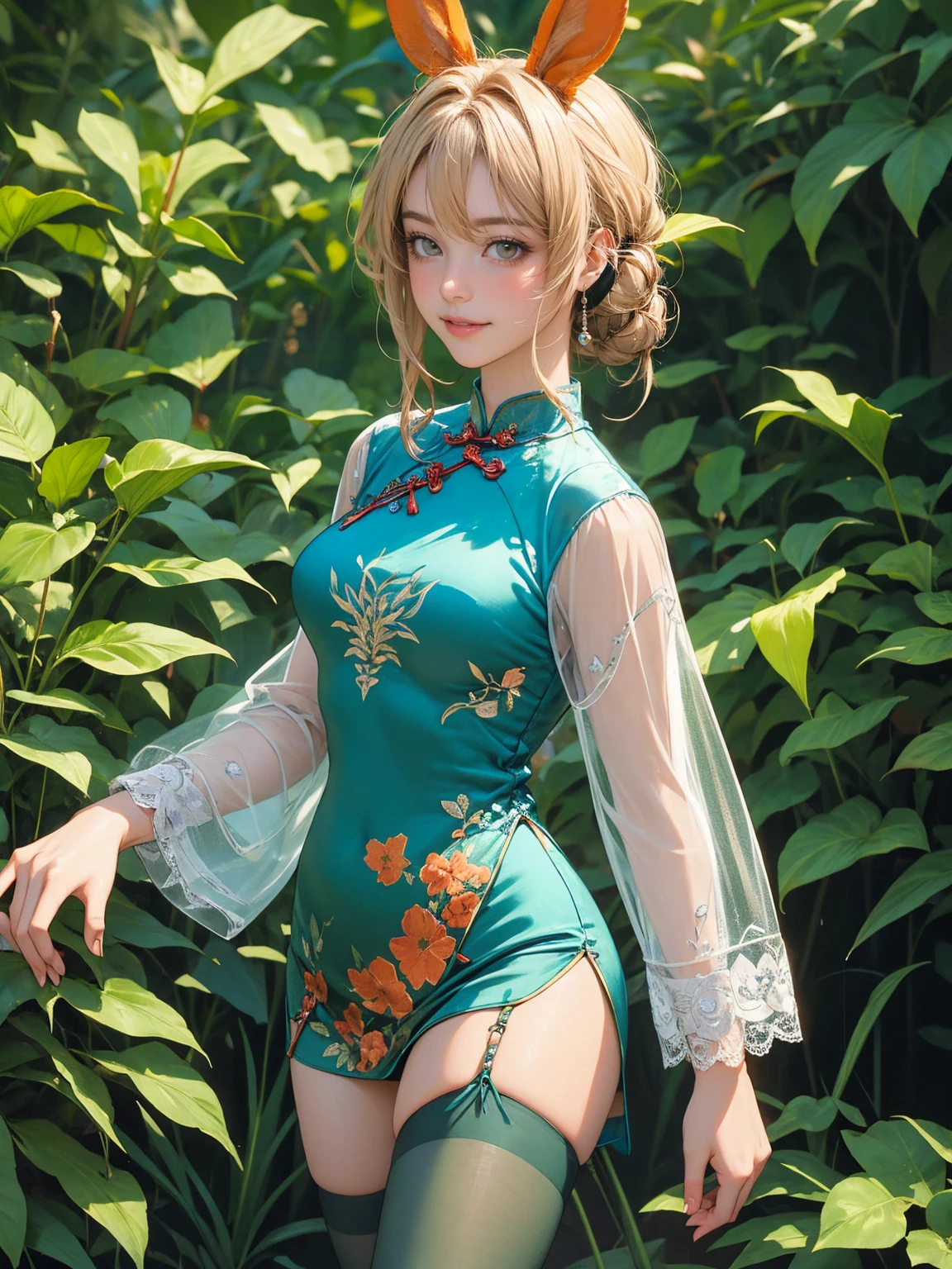 (masterpiece:1.1),(super realistic:1.0)(extremely detailed, intricate details, highres,2.5d:1.1),highres, (orange_theme:1.2),(Violet Evergarden:1.3) , The garden is lush and vibrant, with blooming flowers and lush greenery., creating authentic atmosphere, The character's face is serene, pale skin, stanging, cowboy_shot, soft shadow to face, , BREAK (Russian green theme:1.45), BREAK 1girl wearing (see-through material:1.3), (silky see-through cheongsam:1.4), (deep slit:1.2), (micro skirt fused with (intricately embroidered:1.2) glossy costume:1.3), (fake bunny ears headphone:1.3), (white cuff:1.3), thigh, zettai ryouiki, fishnet stockings tights, garter belt, lace, luster, stiletto high-heeled shoes