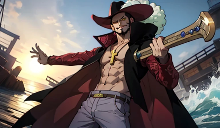 (masterpiece, best quality), intricate details, 1 Boy, Japanese cartoon_exist_Dracule_Mihawk_and,1 Boy,have,beard,jewelry,beard,necklace,Abdominal muscles,black hair,Yellow eyes,sash,beard,coat,muscular,trousers,Chest muscles,Open it clothes,cross,Goatee,pirate have,cross necklace,long temple,temple,cape,Open it coat,bare Chest muscles,short hair,Black tiara,period,spiky hair,Masculinity,tone,Fur trim,Beard scum,latin cross,long coat,navel,Jacket,Open it_Jacket,Shirtless men,have_feather,White_trousers,Gentle_Eyebrow,night_(sword) Give advice, frown, angry, concrete pier, ocean, sun,