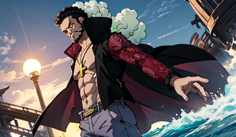 (masterpiece, best quality), intricate details, 1 Boy, Japanese cartoon_exist_Dracule_Mihawk_and,1 Boy,have,beard,jewelry,beard,necklace,Abdominal muscles,black hair,Yellow eyes,sash,beard,coat,muscular,trousers,Chest muscles,Open it clothes,cross,Goatee,pirate have,cross necklace,long temple,temple,cape,Open it coat,bare Chest muscles,short hair,Black tiara,period,spiky hair,Masculinity,tone,Fur trim,Beard scum,latin cross,long coat,navel,Jacket,Open it_Jacket,Shirtless men,have_feather,White_trousers,Gentle_Eyebrow,night_(sword) Give advice, frown, angry, concrete pier, ocean, sun,