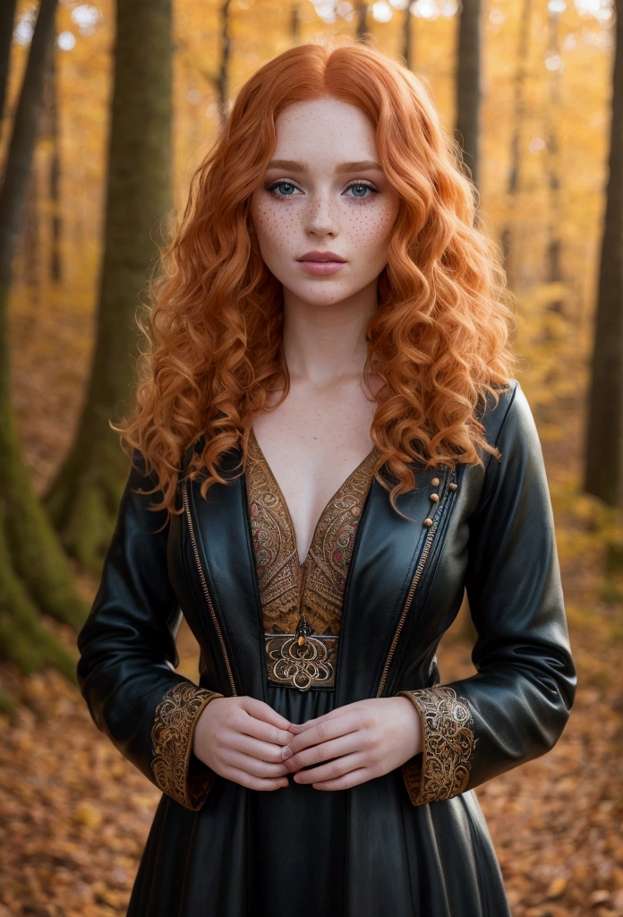 Bright, strawberry blonde-haired,
with freckles. bustline anf full lips , green eyes,wearing a black leather jacket and amber strands and beads The sun, the autumn forest, fantastic beauty. Curls. wearing a boho summer dress Ultra-detailed dreamlike, photography 8K resolution image, translucent and ethereal.