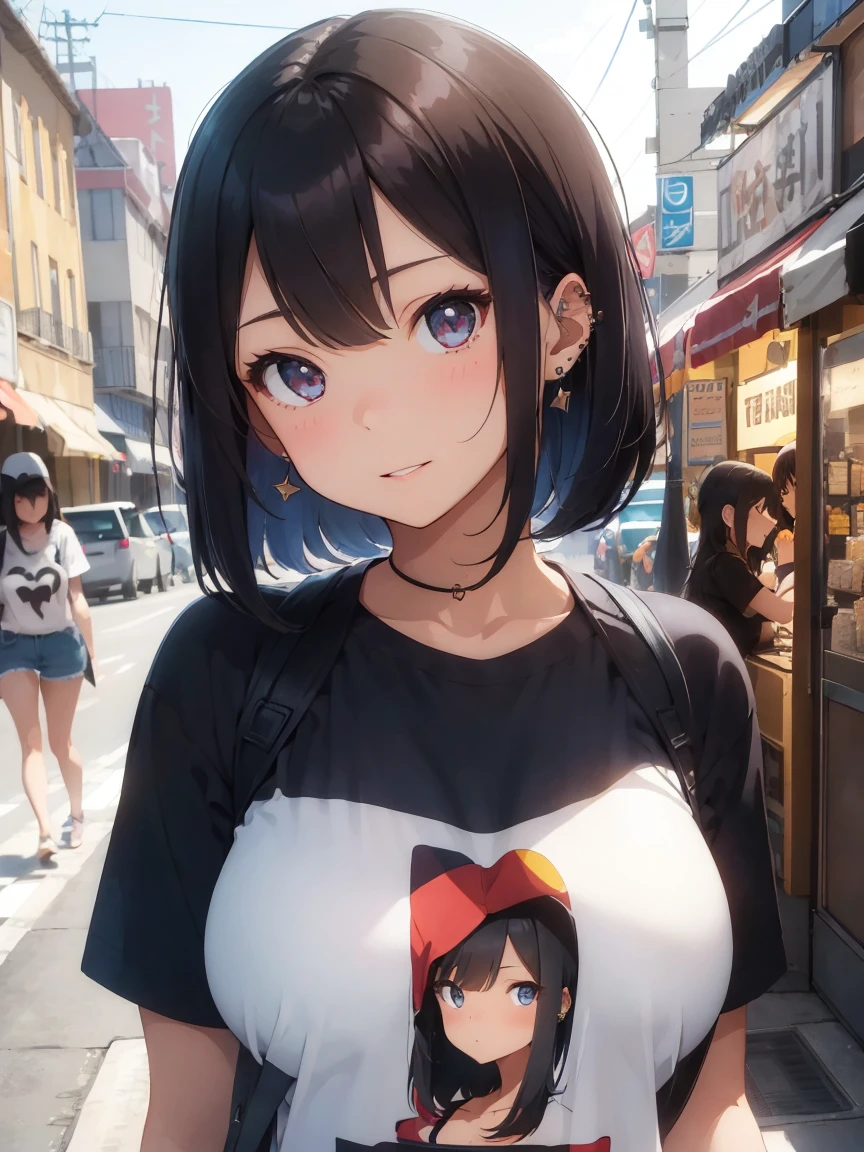 beautiful young woman, 1girl, portrait, street fashion, cap, print t-shirt, long bob haircut, piercings, detailed eyes, beautiful detailed lips, extremely detailed face, realistic skin, large breasts, blushing, charming expression, night, live house, standing