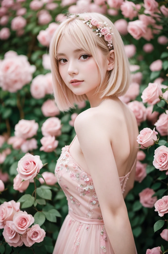 8k, RAW Photos, Fujifilm, Avril-like style photo of a beautiful young woman in a garden of pale pink roses (Highly detailed skin: 1.tyle Petal Break Short Hair, Blonde and colored hair, Wearing a dress, Film Granulation, 35mm, Cute Style