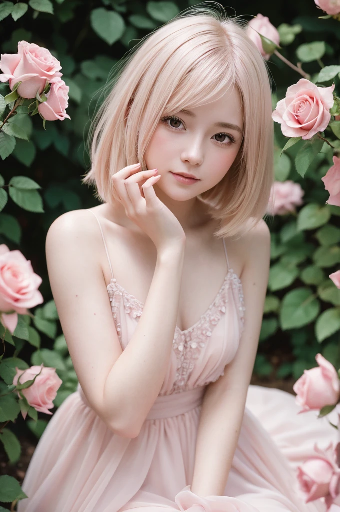 8k, RAW Photos, Fujifilm, Avril-like style photo of a beautiful young woman in a garden of pale pink roses (Highly detailed skin: 1.2) Style Petal Break Short Hair, Blonde and colored hair, Wearing a dress, Film Granulation, 35mm, Cute Style