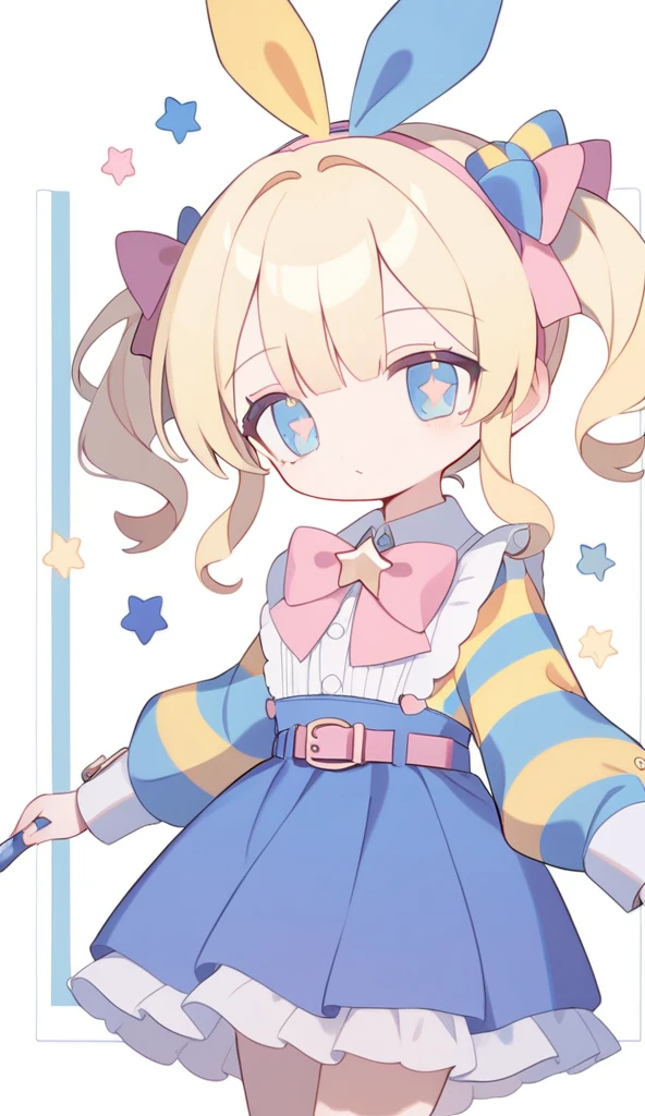1girl,solo,core_9,score_8_up,score_7_up,Expressiveh,rating_safe,(masterpiece, best quality), light blonde hair,lomg hair,mini side pigtails,kight pink bow,big blue eyes,star shaped pupils,baby blue skirt with pink belt,yellow striped pastel shirt,