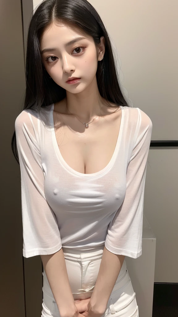 ((Top quality, masterpiece, 8K, best image quality, ultra-high resolution), TWICE tzuyu, Korean beauty, black hair, long hair, small face, fair skin, narrow eyes, slanted eyes, slender, big breasts, sex appeal, lustrous, mature, white T-shirt, skinny pants