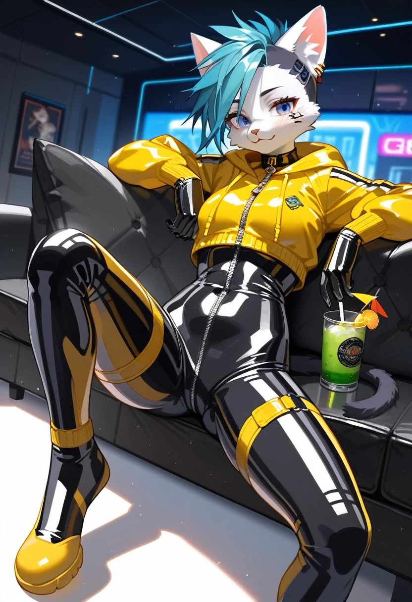 Highest quality, Highest quality, High quality illustrations, masterpiece, Ultra-high resolution, Detailed Background, room, Absurd, Perfect Anatomy, performance, Good lighting, Shadows in the movies(kemono, Furry PersonifiCation), Cat, Rubber Suit, latex, neon, neonライト, neonカラー, Bodysuits, Cyber Suit, cyber punk, Yellow Rubber Hoodie, Sit on the sofa, Drink a bottle, Earrings, Tattoo, Dynamic Angle