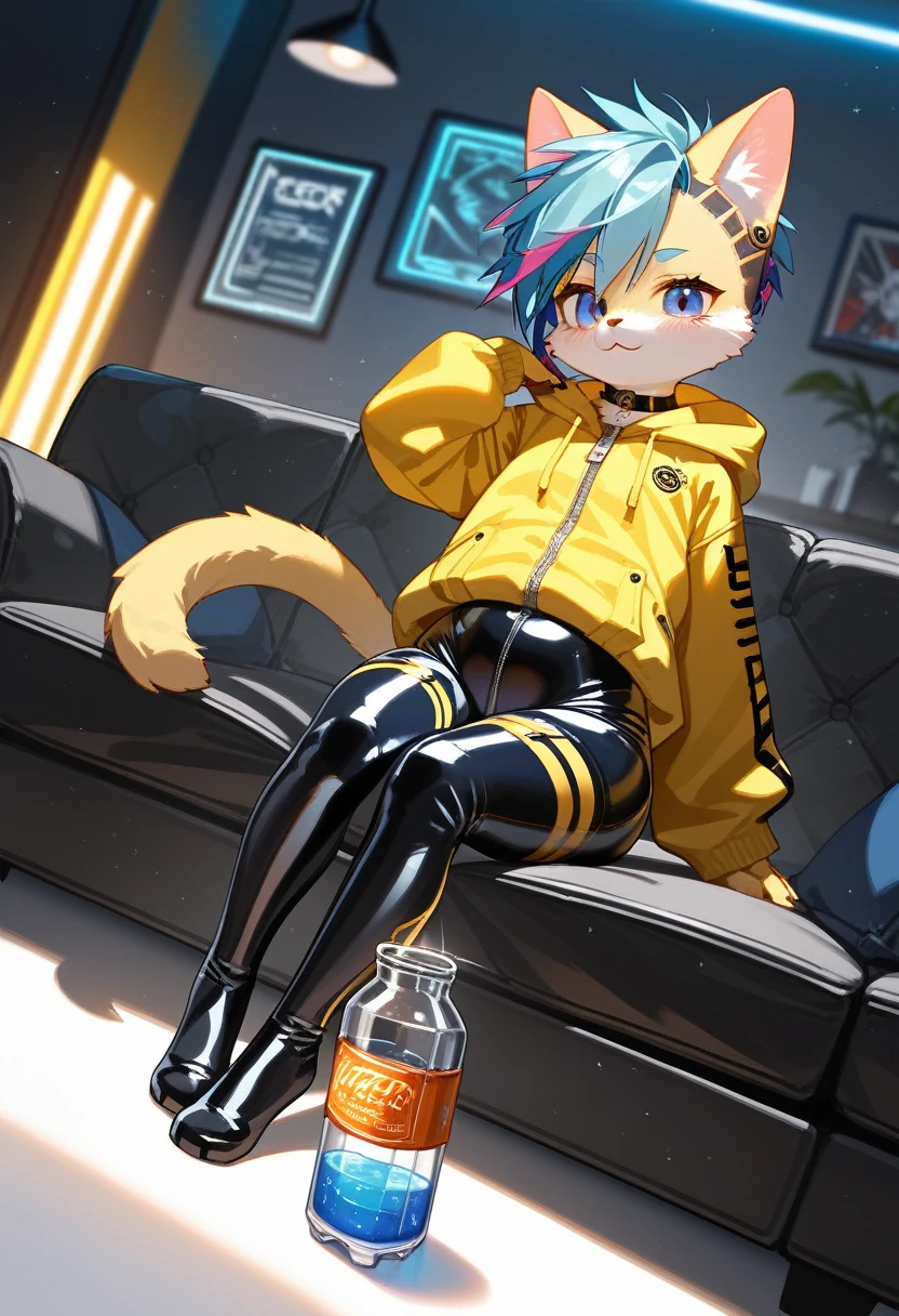 Highest quality, Highest quality, High quality illustrations, masterpiece, Ultra-high resolution, Detailed Background, room, Absurd, Perfect Anatomy, performance, Good lighting, Shadows in the movies(kemono, Furry PersonifiCation), Cat, Rubber Suit, latex, neon, neonライト, neonカラー, Bodysuits, Cyber Suit, cyber punk, Yellow Rubber Hoodie, Sit on the sofa, Drink a bottle, Earrings, Tattoo, Dynamic Angle