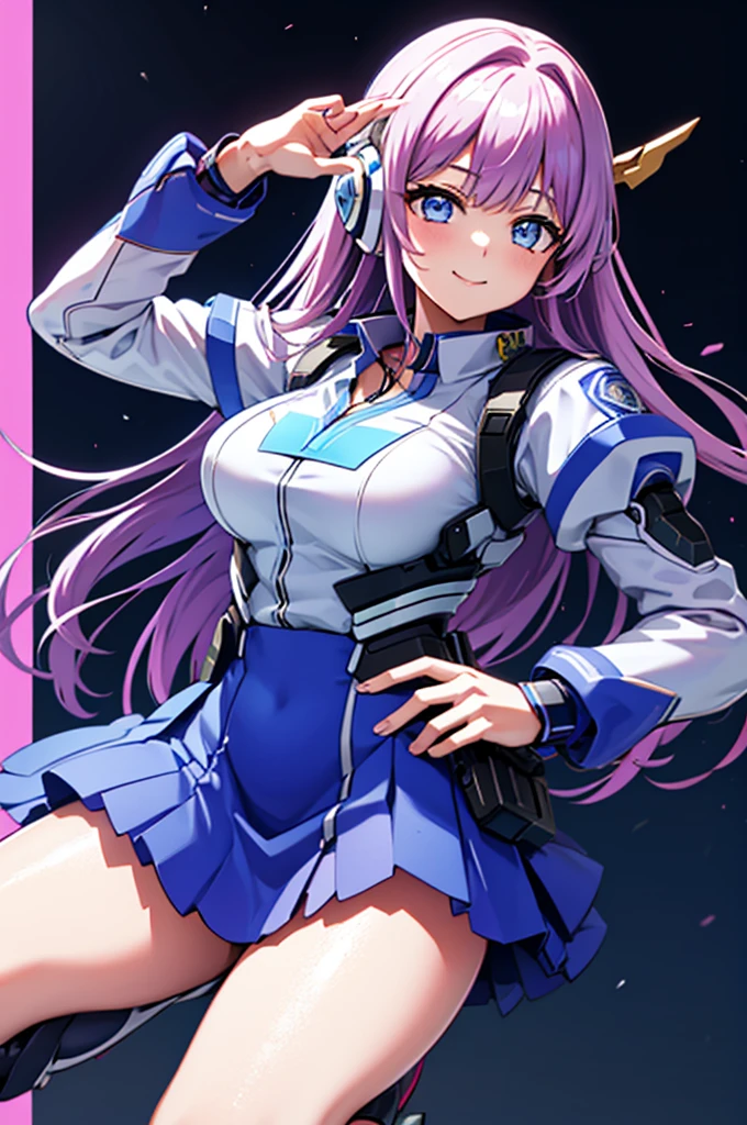 mecha wings、Blue Skirt、Accentuated thighs、chest、Light purple hair、1 girl、solo girl、IS、Frame Arms Girl、Alice Gere Aegis、White Armor、Pink Line、income、headphone、hand on own chest、smile、Miike Naeko,One girl,alone,police,police ユニフォーム,police woman