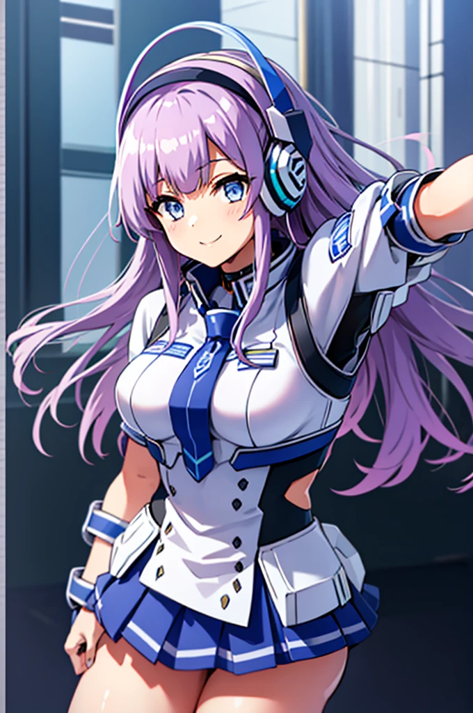 mecha wings、Blue Skirt、Accentuated thighs、chest、Light purple hair、1 girl、solo girl、IS、Frame Arms Girl、Alice Gere Aegis、White Armor、Pink Line、income、headphone、hand on own chest、smile、Miike Naeko,One girl,alone,police,police ユニフォーム,police woman