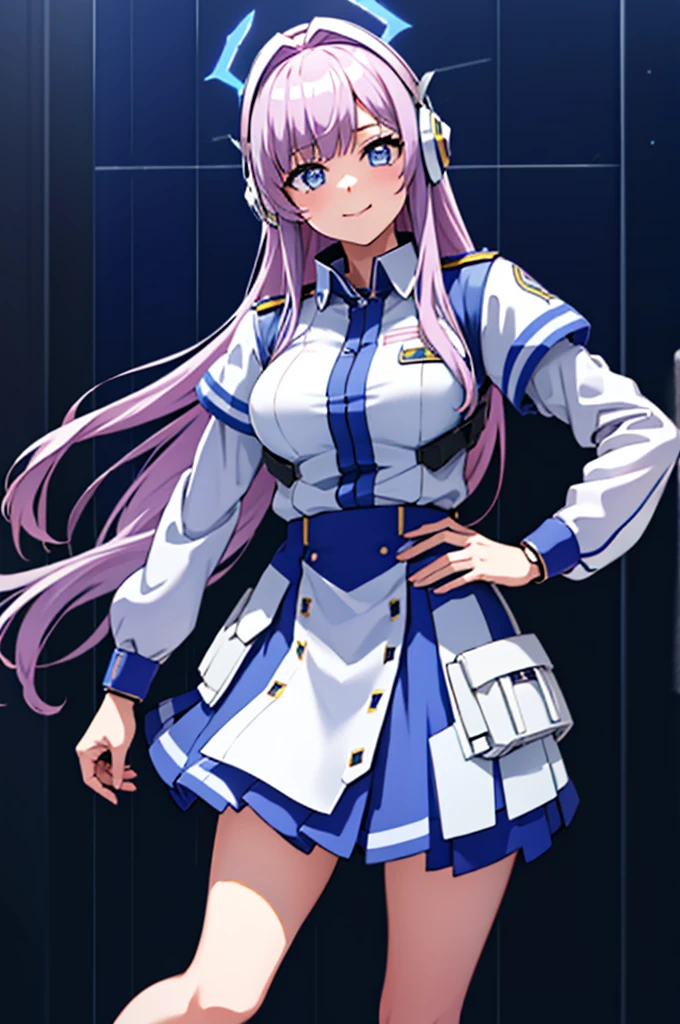 mecha wings、Blue Skirt、Accentuated thighs、chest、Light purple hair、1 girl、solo girl、IS、Frame Arms Girl、Alice Gere Aegis、White Armor、Pink Line、income、headphone、hand on own chest、smile、Miike Naeko,One girl,alone,police,police ユニフォーム,police woman