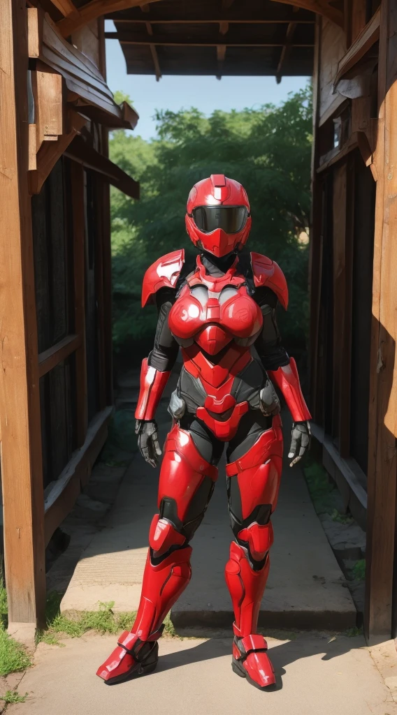 Middle-aged women　Bright red battlesuit　Sexy Eyes　is visible　Full Body Shot　Cute Face　Sweaty　((Eyes can be seen from behind the lens)) Rear View　Steam comes out of the mouth