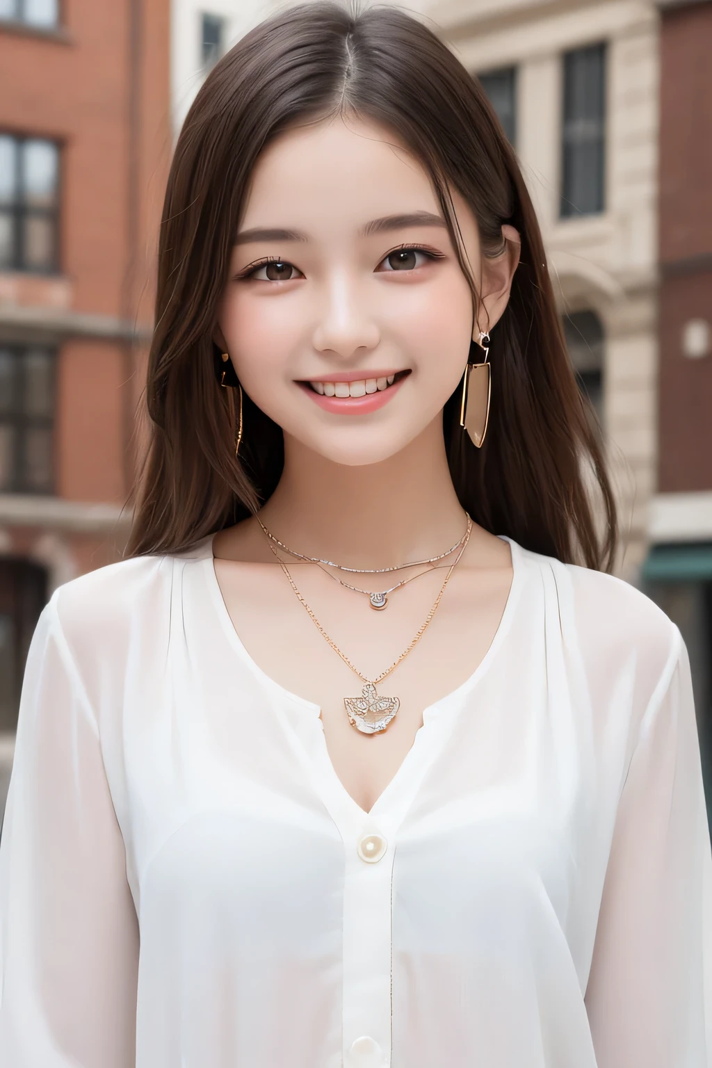 masutepiece, Best Quality, One girl, (a beauty girl, Delicate girl:1.3), (16 years old:1.3), Very fine eye definition, (Symmetrical eyes:1.3), ), (old clothes, old fashion:1.3),smile、Beautiful teeth alignment、Light brown hair、Long sleeve blouse、Ear piercing、necklace, The background is the building's corridor.
