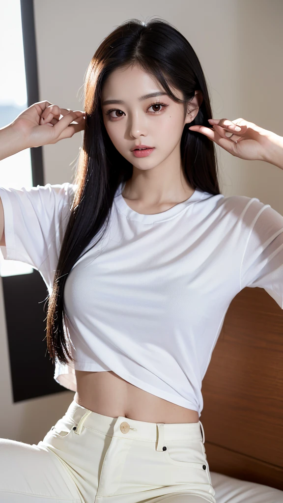 ((Top quality, masterpiece, 8K, best image quality, ultra-high resolution), TWICE tzuyu, Korean beauty, black hair, long hair, small face, fair skin, narrow eyes, slanted eyes, slender, big breasts, sex appeal, lustrous, mature, white T-shirt, skinny pants