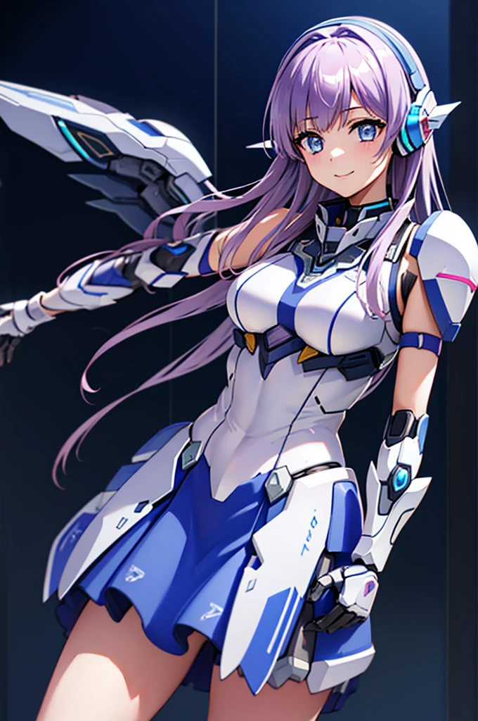 mecha wings、Blue Skirt、Accentuated thighs、chest、Light purple hair、1 girl、solo girl、IS、Frame Arms Girl、Alice Gere Aegis、White Armor、Pink Line、income、headphone、hand on own chest、smile