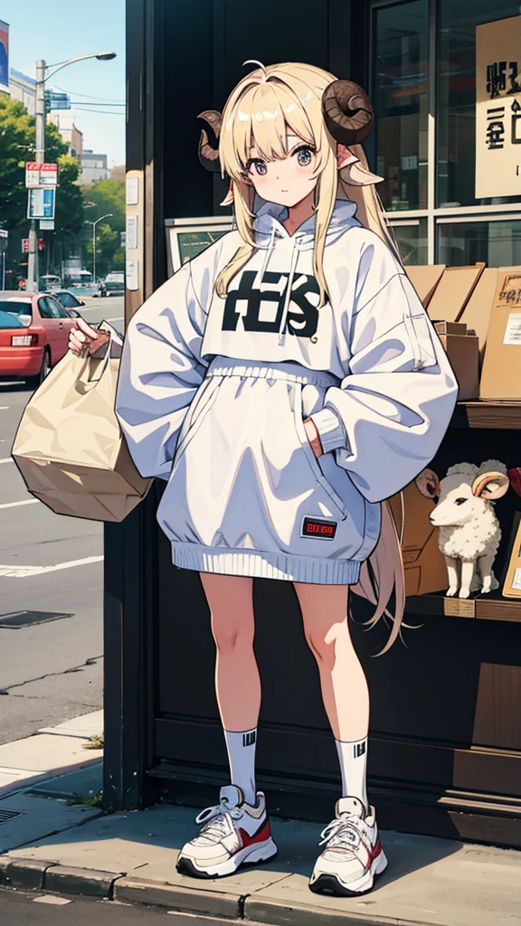 Sheep themed characters, Wearing big sneakers, サイバーパンク, Ram's horn, Keep the background simple, Magazine cover design, パステルピンクのイメージカラー, Keep the background simple, cloud hair, light smile, closed eyes, projected inset, UHD, highres, best quality, 8k
