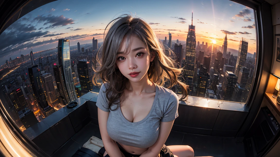 xxmixgirl,One Girl, Fisheye Lens, Selfie, Wind, Messy Hair, sunset, Cityscape, (Aesthetics and atmosphere:1.2), Gray Hair,smile, Film Girl, Short top shirt, Open your chest wide, 