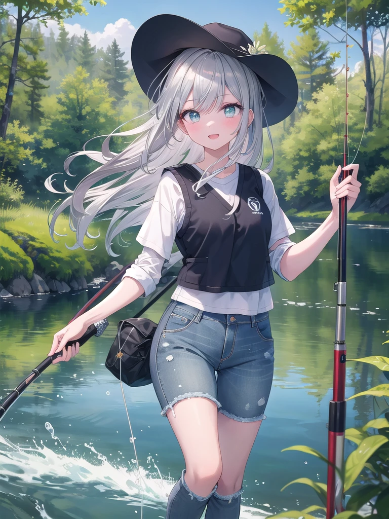 (8k, best quality, master piece: 1.2),super high resolution,1 girl, solo, ((colorshift eyes, hyperdetailed, expressive eyes)), ultra-detailed face, random hair, silver gray color, Ecstatic expression,He is fishing by a quiet lake. The blue sky and green forest reflected on the lake's surface create a beautiful scene. He has long silver hair held down by a hat, and is wearing a casual fishing vest and jeans. He looks relaxed as he holds his fishing rod.