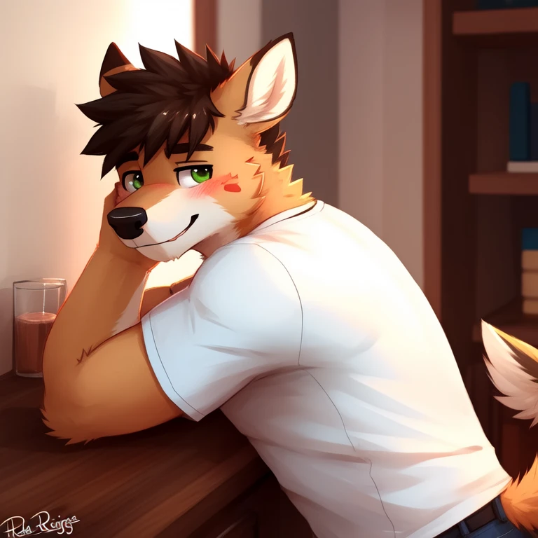 green eyes, Alone, deer tail, muscular male , (soft shading), 4k, anything, Five fingers, detailed hands, ((detailed face, (ojos detaileds:1.0), detailed)), (whole body), Alone, blush, short hair, 1 chico, T-shirt casual, T-shirt, male focus, fangs, Dog tail ,Body coat, pose neutral, whole body, stopped, gotten up, small smile, por pache riggs