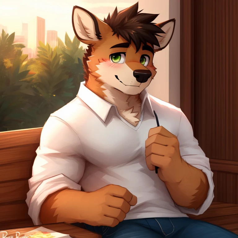 green eyes, Alone, deer tail, muscular male , (soft shading), 4k, anything, Five fingers, detailed hands, ((detailed face, (ojos detaileds:1.0), detailed)), (whole body), Alone, blush, short hair, 1 chico, T-shirt casual, T-shirt, male focus, fangs, Dog tail ,Body coat, pose neutral, whole body, stopped, gotten up, small smile, por pache riggs