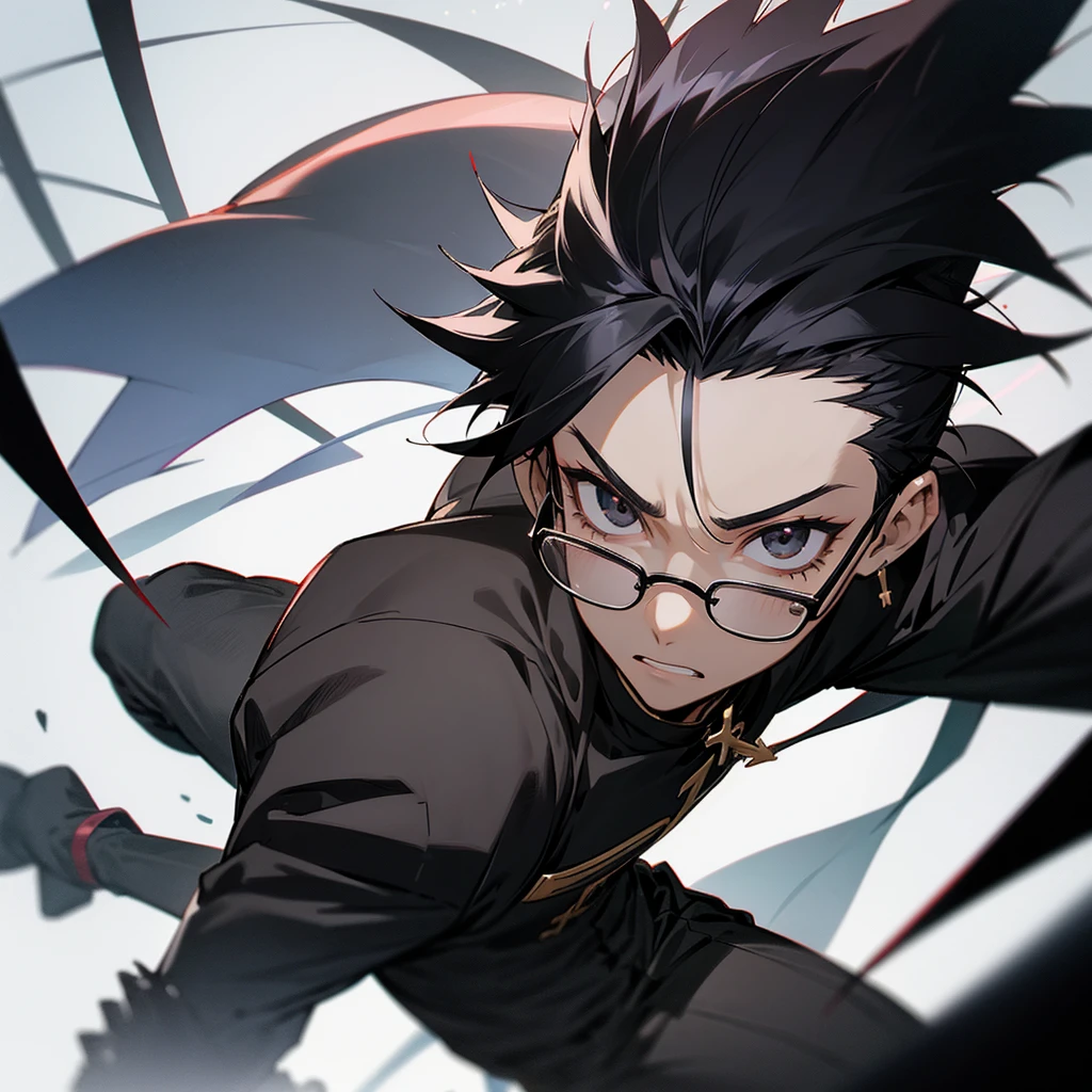 anime type drawing, boy with black spiky hair. black skin color with black eyes and a skin tone cross on his forehead. He is wearing glasses with a black, almost transparent lens., with the rocker type black clothes