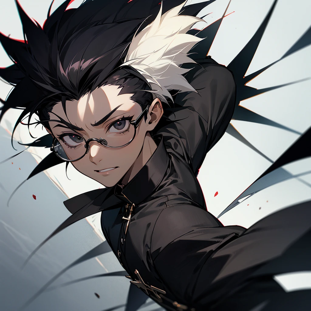 anime type drawing, boy with black spiky hair. black skin color with black eyes and a skin tone cross on his forehead. He is wearing glasses with a black, almost transparent lens., with the rocker type black clothes