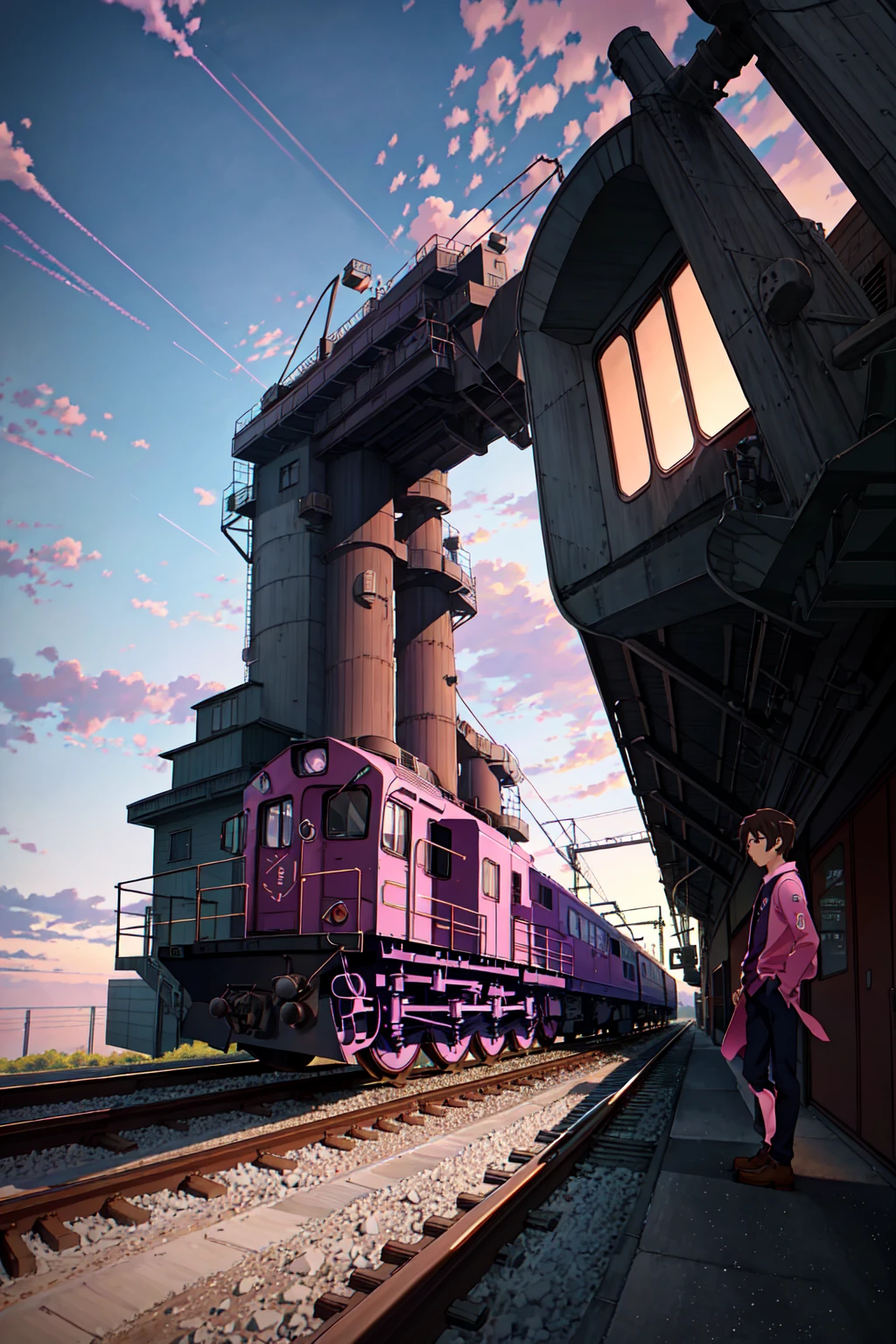Animation scene of a train passing by under a pink and purple sky, Shinkai Makoto的动画画作, Popular on Pixiv, Magical Realism, Beautiful anime scene, Universe sky. by Shinkai Makoto, ( ( Shinkai Makoto ) ), by Shinkai Makoto, Anime Background Art, style of Shinkai Makoto