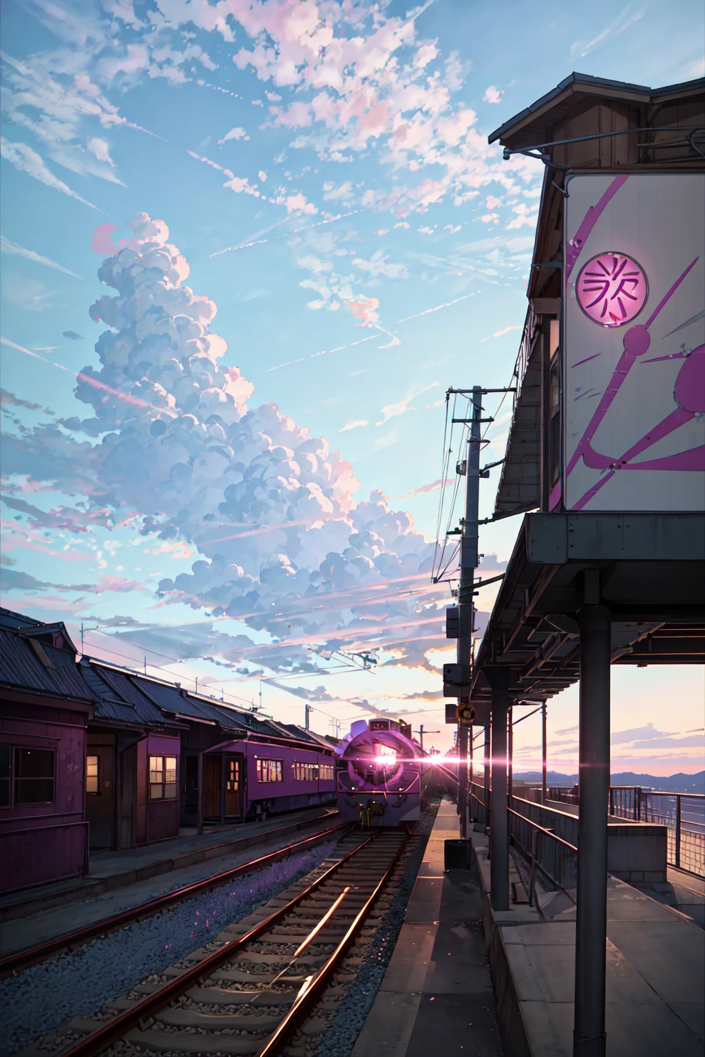 Animation scene of a train passing by under a pink and purple sky, Shinkai Makoto的动画画作, Popular on Pixiv, Magical Realism, Beautiful anime scene, Universe sky. by Shinkai Makoto, ( ( Shinkai Makoto ) ), by Shinkai Makoto, Anime Background Art, style of Shinkai Makoto