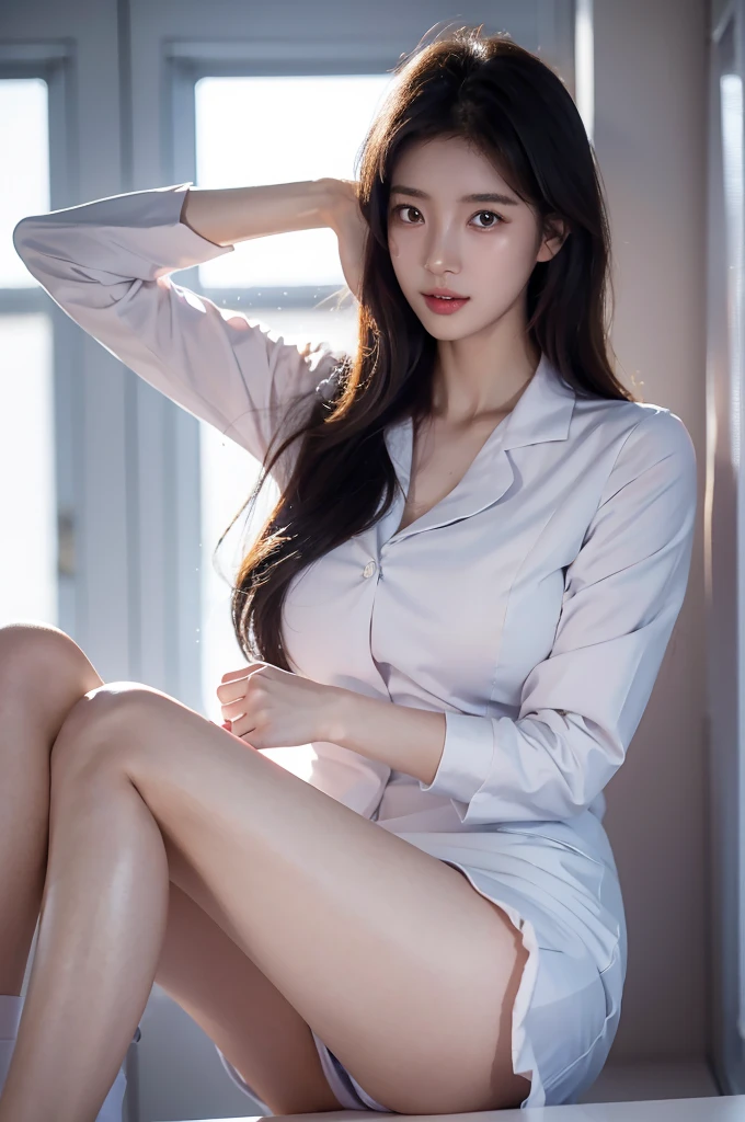 1 woman full body, High school girl with a slim body and huge breasts, ((Nurses' uniform, dressed like a nurse)), Office Office, 8k, RAW photos, best quality, realistic, extremely detailed CG unity 8k wallpaper, depth of field, Cinematic Light, lens flare, ray tracing, (very beautiful face, beautiful lips, beautiful eyes), A face with intricate details, ((highly detailed skin), Photo of beautiful girl highest quality,ultra high resolution, In reality:1.4), Beautiful woman with a slender body:1.4, pronounced abs:1.4