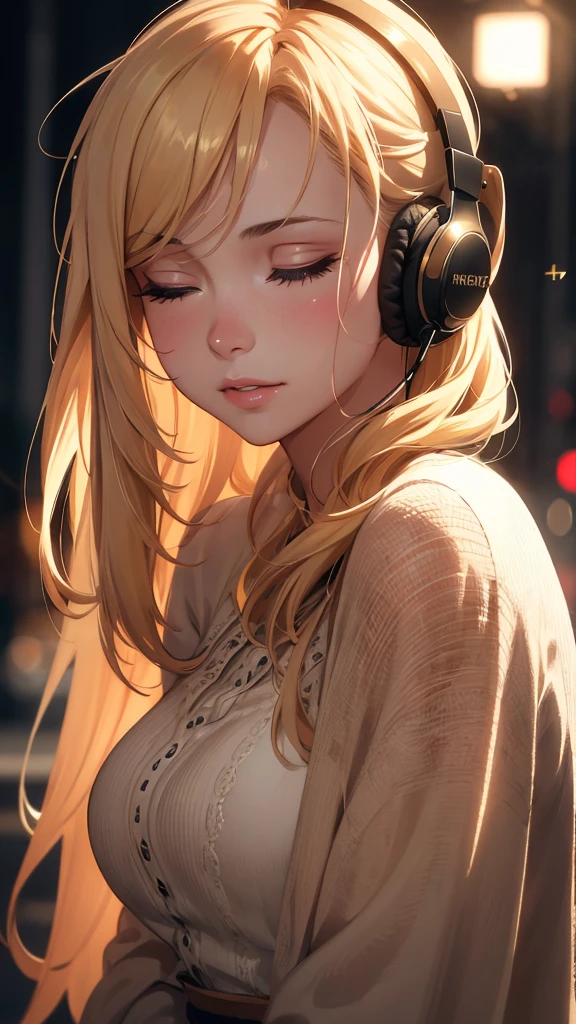 A beautiful girl with headphones, eyes closed, slight smile, detailed facial features, beautiful detailed eyes, detailed lips, extremely detailed face, long eyelashes, lovely expression, golden hair, music, serene, peaceful, (best quality,4k,8k,highres,masterpiece:1.2),ultra-detailed,(realistic,photorealistic,photo-realistic:1.37),portrait,soft lighting,warm colors,cinematic