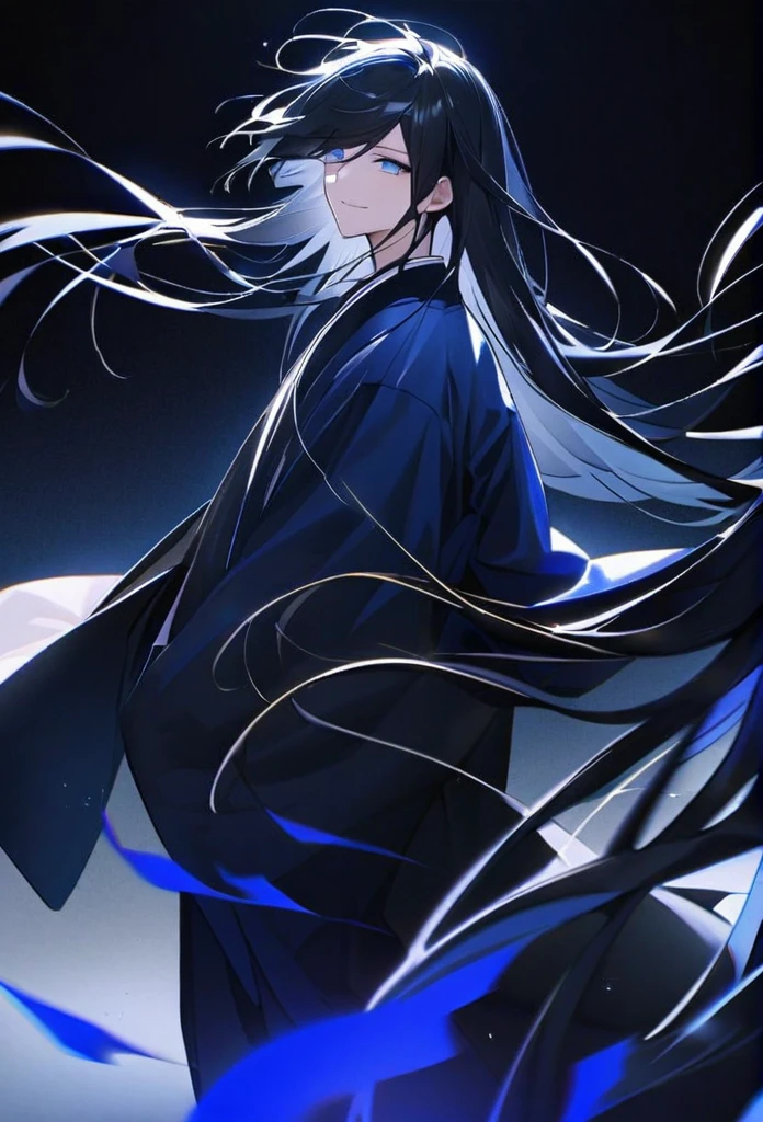 Japanese。male。Sharp Eye。Iris。Strong features。Smile a little。Very long black hair。Plain blue kimono(Dressed in kimono)。A strong wind blows my hair back。Cover your eyes with hair。The background is blue light。Stand up straight。