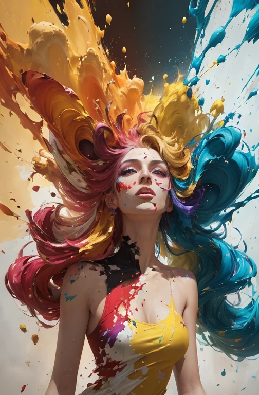 (level difference:1.8),(The paint collides and splashes onto the canvas),(depth of fields),(Flat color:1.1,(Yellow theme)),1 girl,Propaganda poster,full bodyesbian,strong winds,dense smoke,,(Liquid dyes for rainbow hair:1.1) Made of paint,anti gravity,Thick liquid,(paint splatter:1.3),liquidity,stunningly beautiful, Masterpiece, Detailed background,ultra high quality model, Ethereal background,Abstract beauty, explosive volumetric, Oil painting,Heavy strokes,romantic lighting,Sub-surface scattering,Glow,8K,high resolution, Dreamy,Ray tracing,hdr,god light,