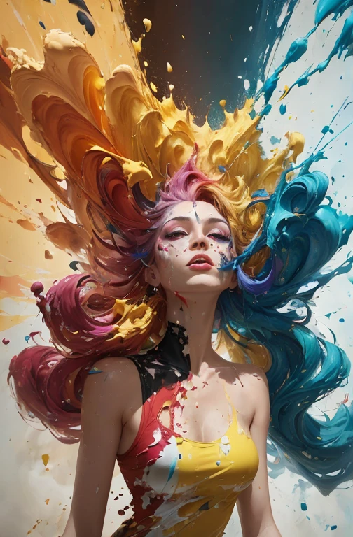 (level difference:1.8),(The paint collides and splashes onto the canvas),(depth of fields),(Flat color:1.1,(Yellow theme)),1 girl,Propaganda poster,full bodyesbian,strong winds,dense smoke,,(Liquid dyes for rainbow hair:1.1) Made of paint，anti gravity,Thick liquid,(paint splatter:1.3),liquidity,stunningly beautiful, Masterpiece, Detailed background,ultra high quality model, Ethereal background,Abstract beauty, explosive volumetric, Oil painting,Heavy strokes,romantic lighting,Sub-surface scattering,Glow,8K,high resolution, Dreamy,Ray tracing,hdr,god light,