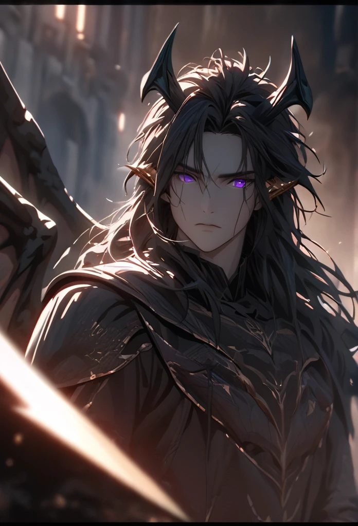 (solo), masculine, black hair, messy hair, mane hair, long hair, dense hair, wild hair, expressive hair, mature,(25 year old), pale skin, purple eyes, ((man)), wearing black armor, serious, ((black dragon horns)), Expanding his dragon wings, handsome, attractive, eye reflection, depth of field, thunder aura,cinematic lighting, ray tracing, depth of field, cinematic lighting, ray tracing, UHD, high details, best quality, highres, high quality, award winning, super detail, masterpiece, 8k, UHD, high details, best quality, highres, high quality, award winning, super detail, masterpiece, 8k, digital art, anime coloring, body shot, good face, perfect face, detailed face, good eyes, facing foward