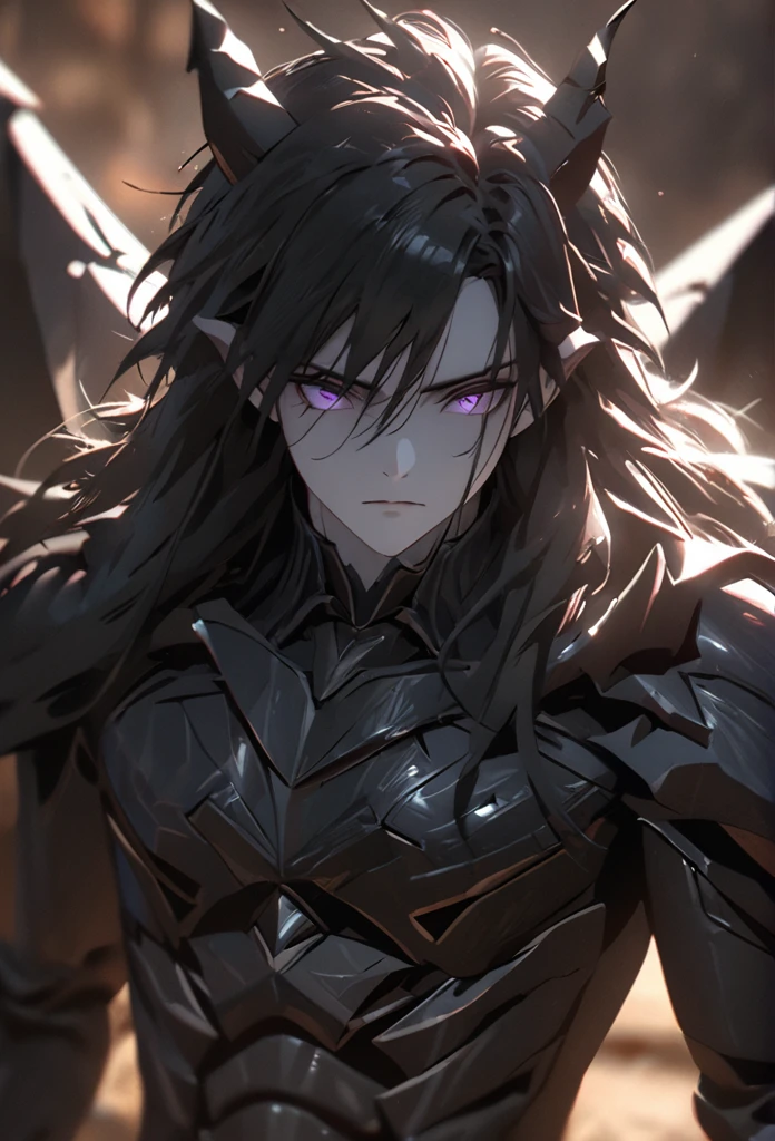 (solo), masculine, black hair, messy hair, mane hair, long hair, dense hair, wild hair, expressive hair, mature,(25 year old), pale skin, purple eyes, ((man)), wearing black armor, serious, ((black dragon horns)), Expanding his dragon wings, handsome, attractive, eye reflection, depth of field, thunder aura,cinematic lighting, ray tracing, depth of field, cinematic lighting, ray tracing, UHD, high details, best quality, highres, high quality, award winning, super detail, masterpiece, 8k, UHD, high details, best quality, highres, high quality, award winning, super detail, masterpiece, 8k, digital art, anime coloring, body shot, good face, perfect face, detailed face, good eyes, facing foward