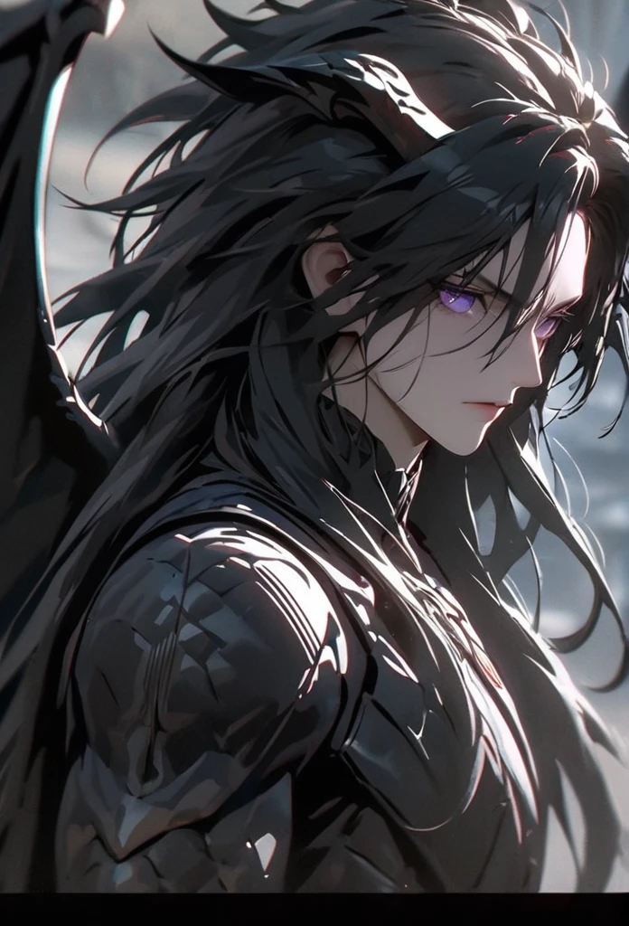 (solo), masculine, black hair, messy hair, mane hair, long hair, dense hair, wild hair, expressive hair, mature,(25 year old), pale skin, purple eyes, ((man)), wearing black armor, serious, ((black dragon horns)), Expanding his dragon wings, handsome, attractive, eye reflection, depth of field, thunder aura,cinematic lighting, ray tracing, depth of field, cinematic lighting, ray tracing, UHD, high details, best quality, highres, high quality, award winning, super detail, masterpiece, 8k, UHD, high details, best quality, highres, high quality, award winning, super detail, masterpiece, 8k, digital art, anime coloring, body shot, good face, perfect face, detailed face, good eyes, facing foward