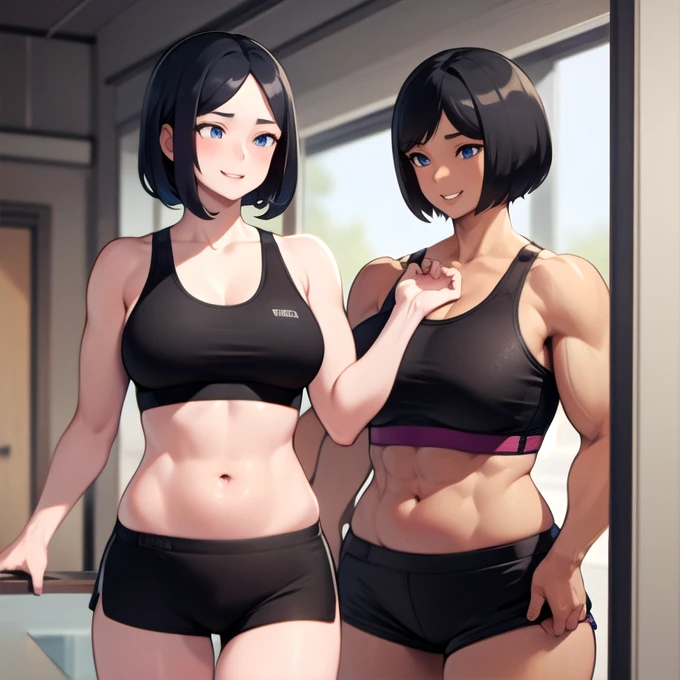 mature female, milf, navel, large breasts, muscular, smile, 1girl, solo, blue eyes, short hair, double-parted bangs, straight hair, black hair, sports bra, gym shorts, standing, indoors