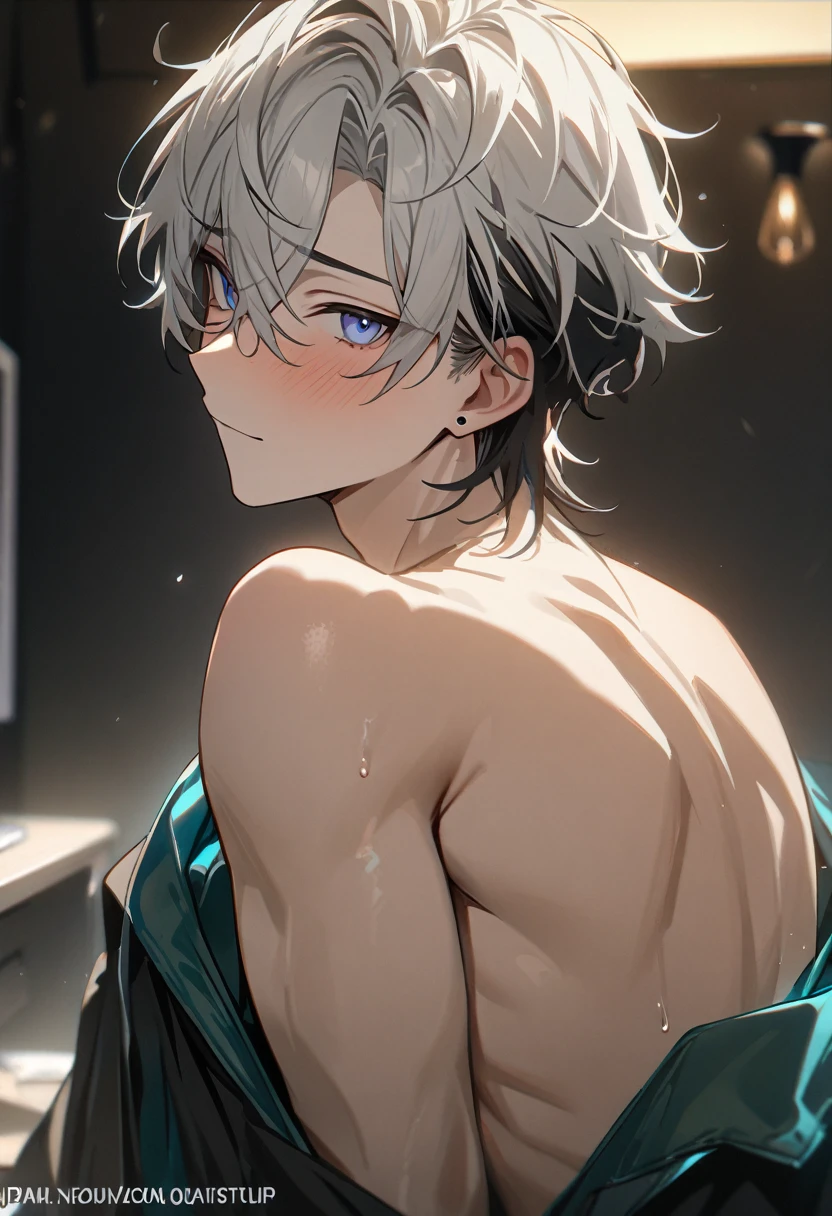 1 male, short hair, white hair WITH BLACK HIGHLIGHT, MULTICOLORED black Hair, blue eyes, aventurine clothes, (best quality,4k,highres,masterpiece:1.2), teenager, short hair, shirtless, shy