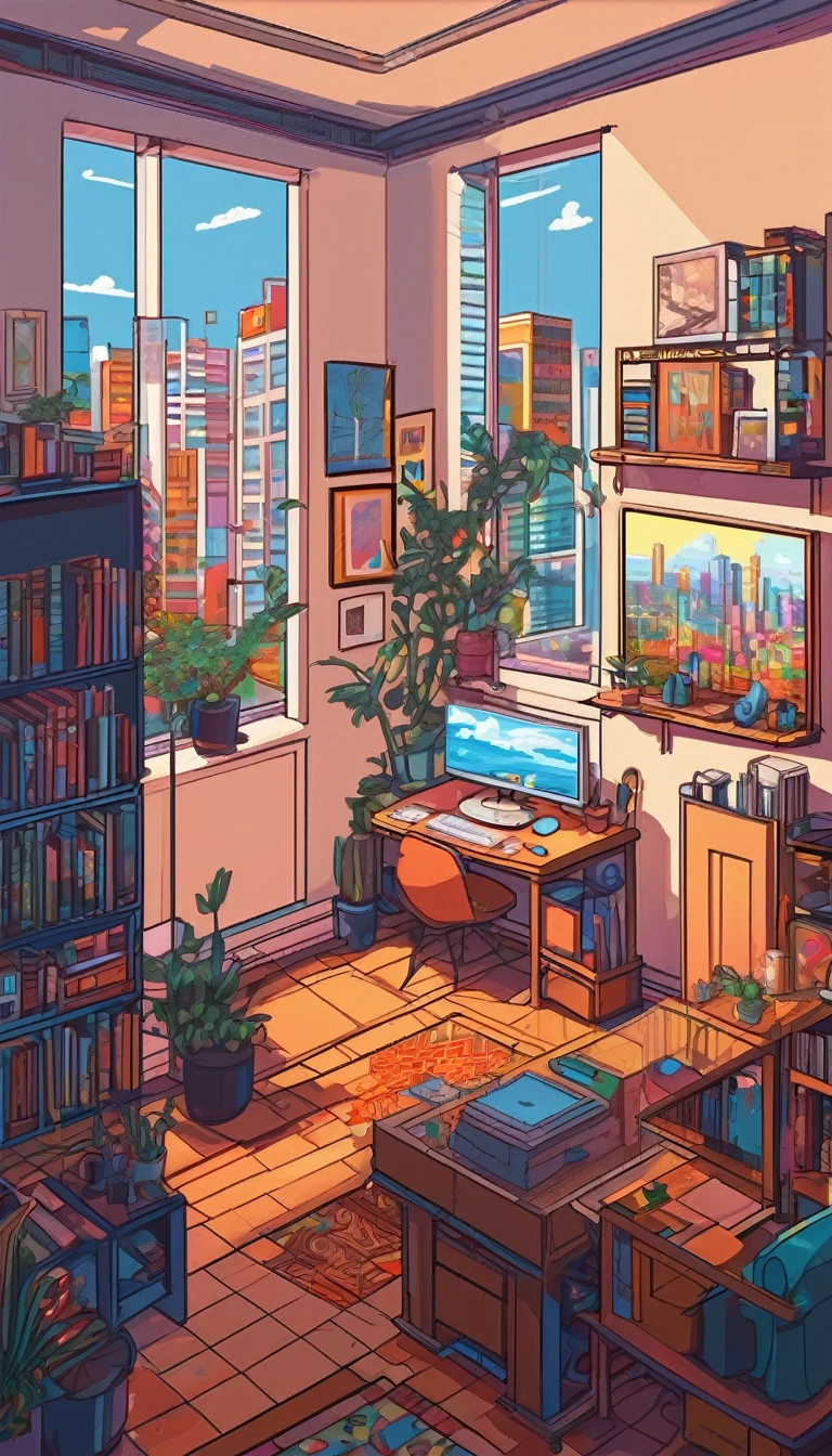 Illustration of a room overlooking the city, A room of lively artists working hard, Details of the fine, comfortable, Clean and tidy room　Pixel Art
