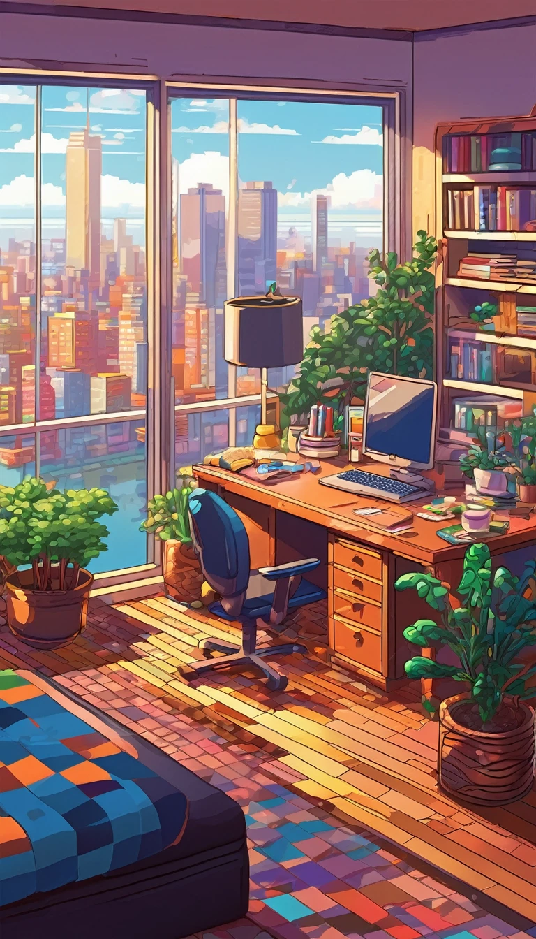 Illustration of a room overlooking the city, A room of lively artists working hard, Details of the fine, comfortable, Clean and tidy room Pixel Art