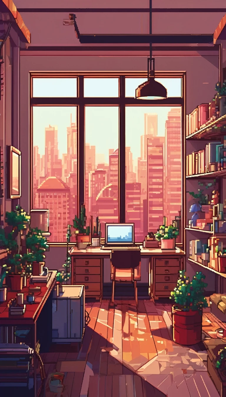 Illustration of a room overlooking the city, A room of lively artists working hard, Details of the fine, comfortable, Clean and tidy room　Pixel Art