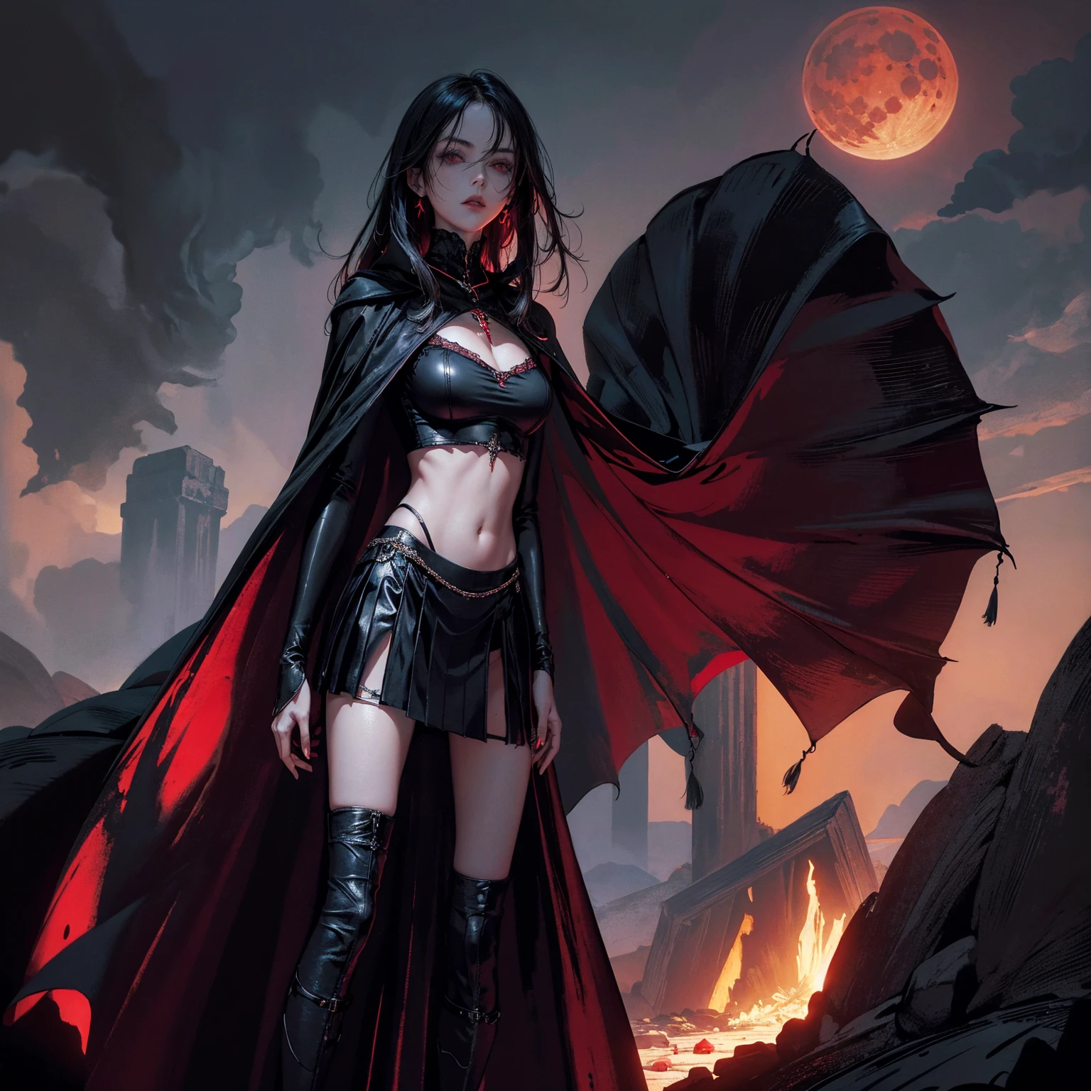 best quality, 4K, high resolution, masterpiece:1.2, Very detailed, actual:1.37, Mood lighting, Girl in a long cape, Only wearing a reflective rubber bra and a reflective latex skirt, Exposes the navel,Shows the skin above the chest, Dangerous sneer, Black Hair, Standing, Facing the camera, Crucified, Pitch black sky, Blood-red moon, strange atmosphere, Gothic style, Unforgettable beauty, Dramatic shadows, Ethereal Light, Mysterious atmosphere.