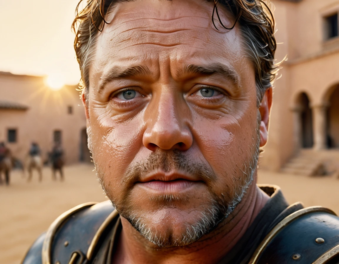 a hyper-realistic GoPro selfie of 90's Russell Crowe on the Gladiator set, expressive eyes, perfect face, highly detailed eyes, detailed features, photographic 35mm shot, golden hour, cinematic lightning, extreme realism , realistic, sweat, pastel-colored background, The image, captured in stunning Ultra HD, Nikon D850