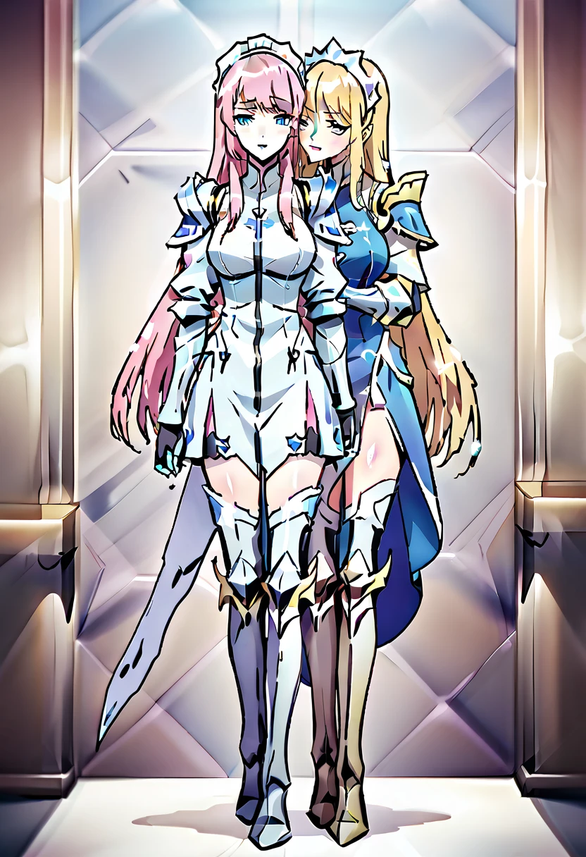 masterpiece, best quality, high quality, long hair, full body, def_effie, blue breastplate, white skin, looking at viewer, shiny, armor, thigh highs, high boots, shoulder armor, faulds, poleyn, gloves, gauntlets, (Felicia + Flora Maid outfit) 2girls together, standing next to each other, holding hands and hugging each other, kissing cheek, kiss