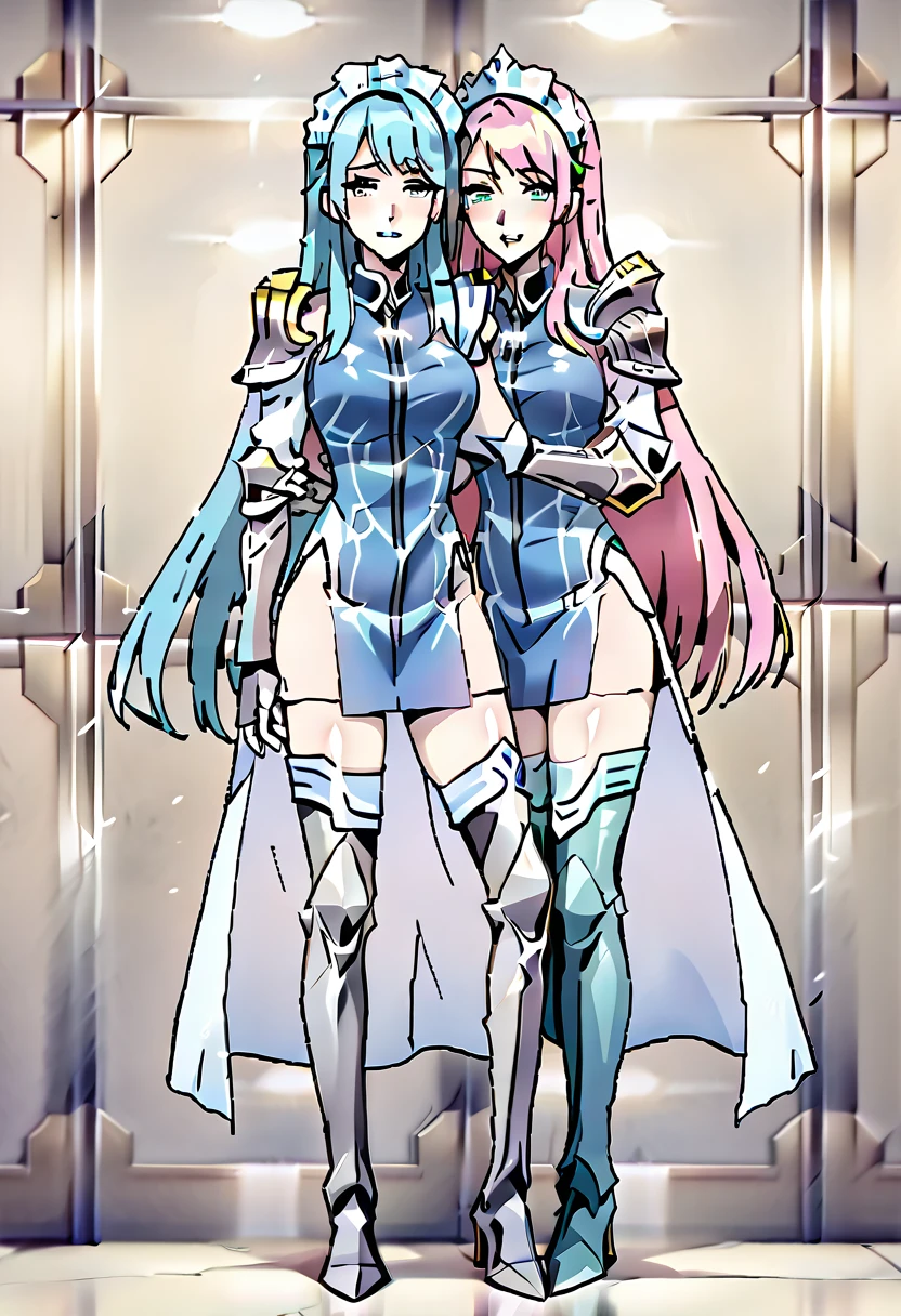 masterpiece, best quality, high quality, long hair, full body, def_effie, blue breastplate, white skin, looking at viewer, shiny, armor, thigh highs, high boots, shoulder armor, faulds, poleyn, gloves, gauntlets, (Felicia + Flora Maid outfit) 2girls together, standing next to each other, holding hands and hugging each other, kissing cheek, kiss