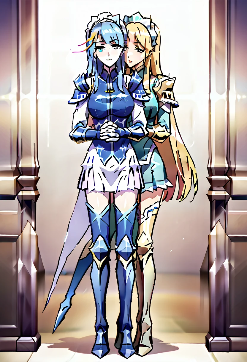 masterpiece, best quality, high quality, long hair, full body, def_effie, blue breastplate, white skin, looking at viewer, shiny, armor, thigh highs, high boots, shoulder armor, faulds, poleyn, gloves, gauntlets, (Felicia + Flora Maid outfit) 2girls together, standing next to each other, holding hands and hugging each other, kissing cheek, kiss