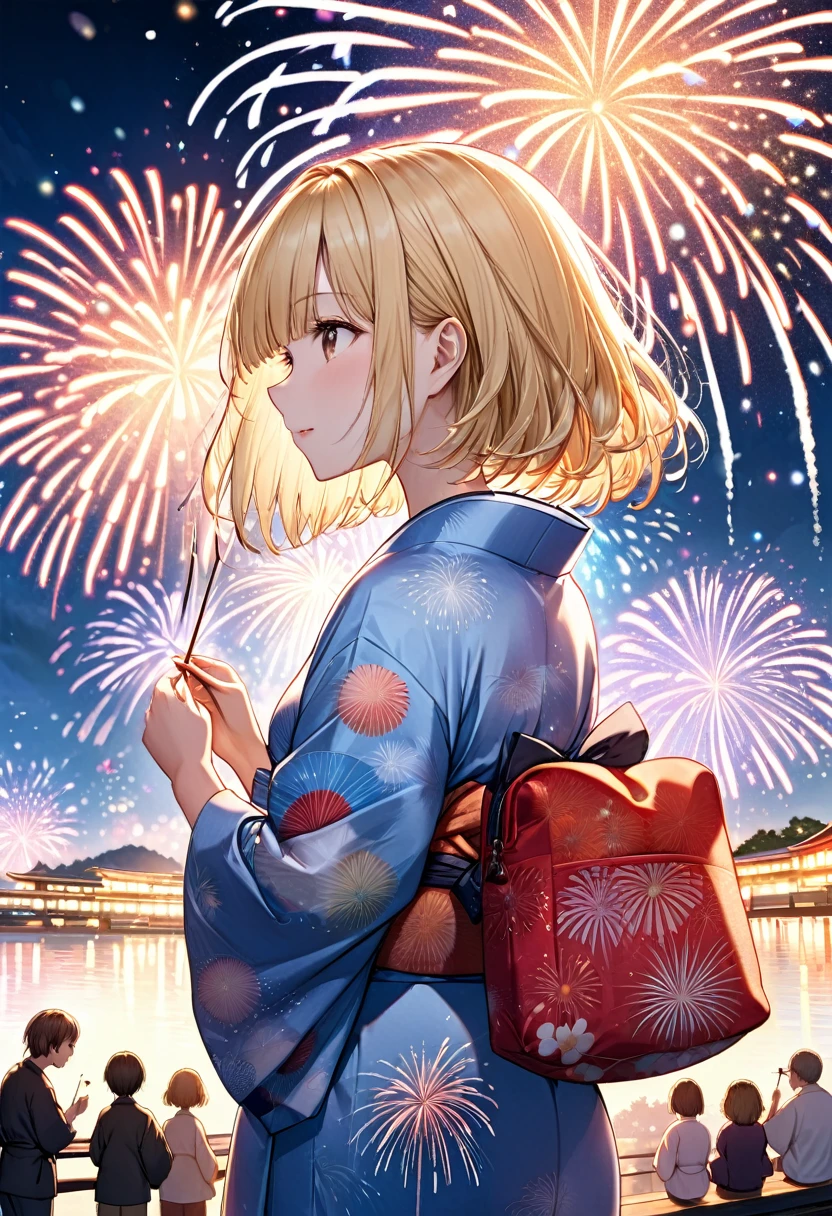 A blonde bob girl is wearing a yukata and watching the fireworks(Glittering yukata),She have a Japanese pouch hers hand,Please draw a beautiful and magnificent picture of the big fireworks at the fireworks display.masterpiece,best quality,ultra-detailed, illustration, detailed light,an extremely delicate and beautiful,dynamic