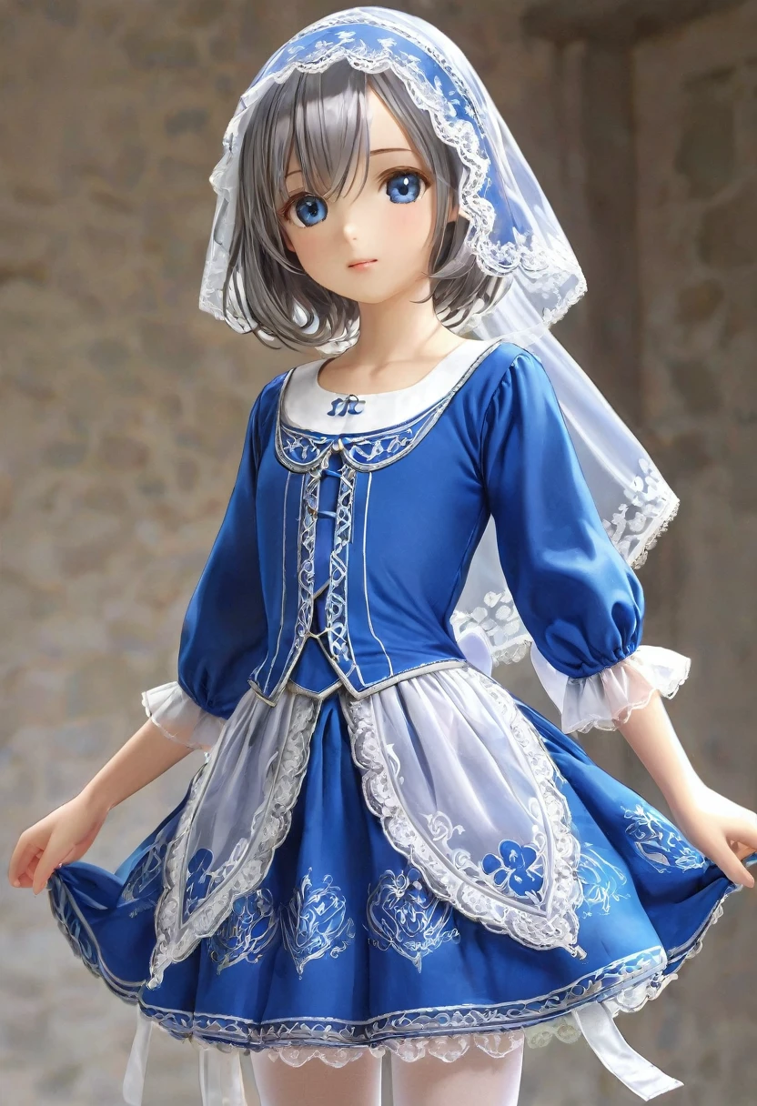 10 year old girl underwear, Realistic panties made from patterned cotton fabric, Medieval bright blue one-piece dress with white embroidery and panniers, Fabric Realism, Low - Angle, You can see the drawer, Pull up the dress by hand, Strong winds, Translucent slip, Translucent slip, tights, Highest quality, Crotch close-up, whole body, Skirt lining
