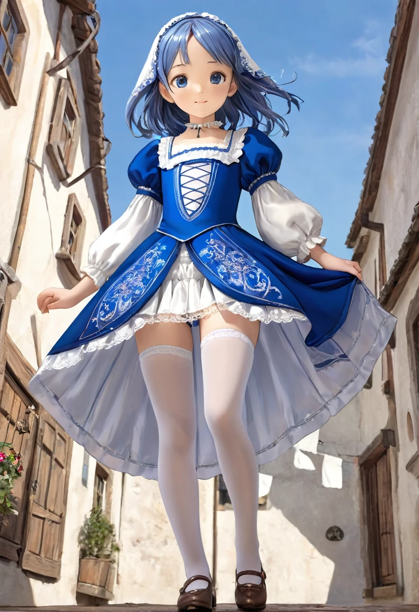10 year old girl underwear, Realistic panties made from patterned cotton fabric, Medieval bright blue one-piece dress with white embroidery and panniers, Fabric Realism, Low - Angle, You can see the drawer, Pull up the dress by hand, Strong winds, Translucent slip, Translucent slip, tights, Highest quality, Crotch close-up, whole body, Skirt lining